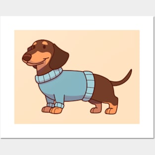 Black & tan dachshund wearing a blue sweater Posters and Art